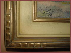  Detail frame corner and the artist signature: "Tex Moore", 1939 and his steer skull mark.